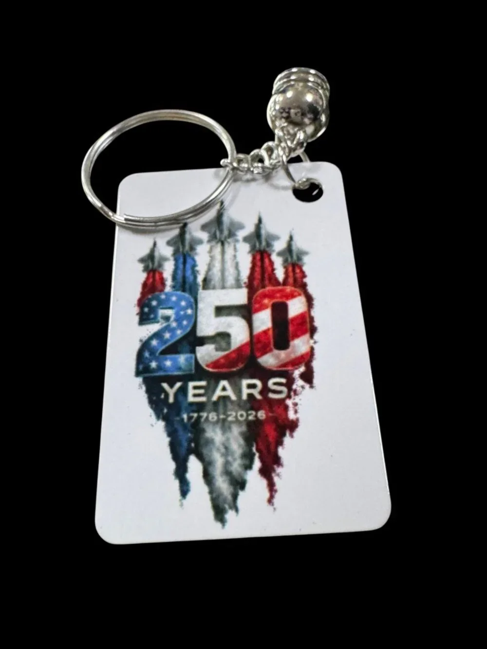 USA 250 Years Anniversary Keychain, Metal, White Tassel, Patriotic 1776-2026 Com
